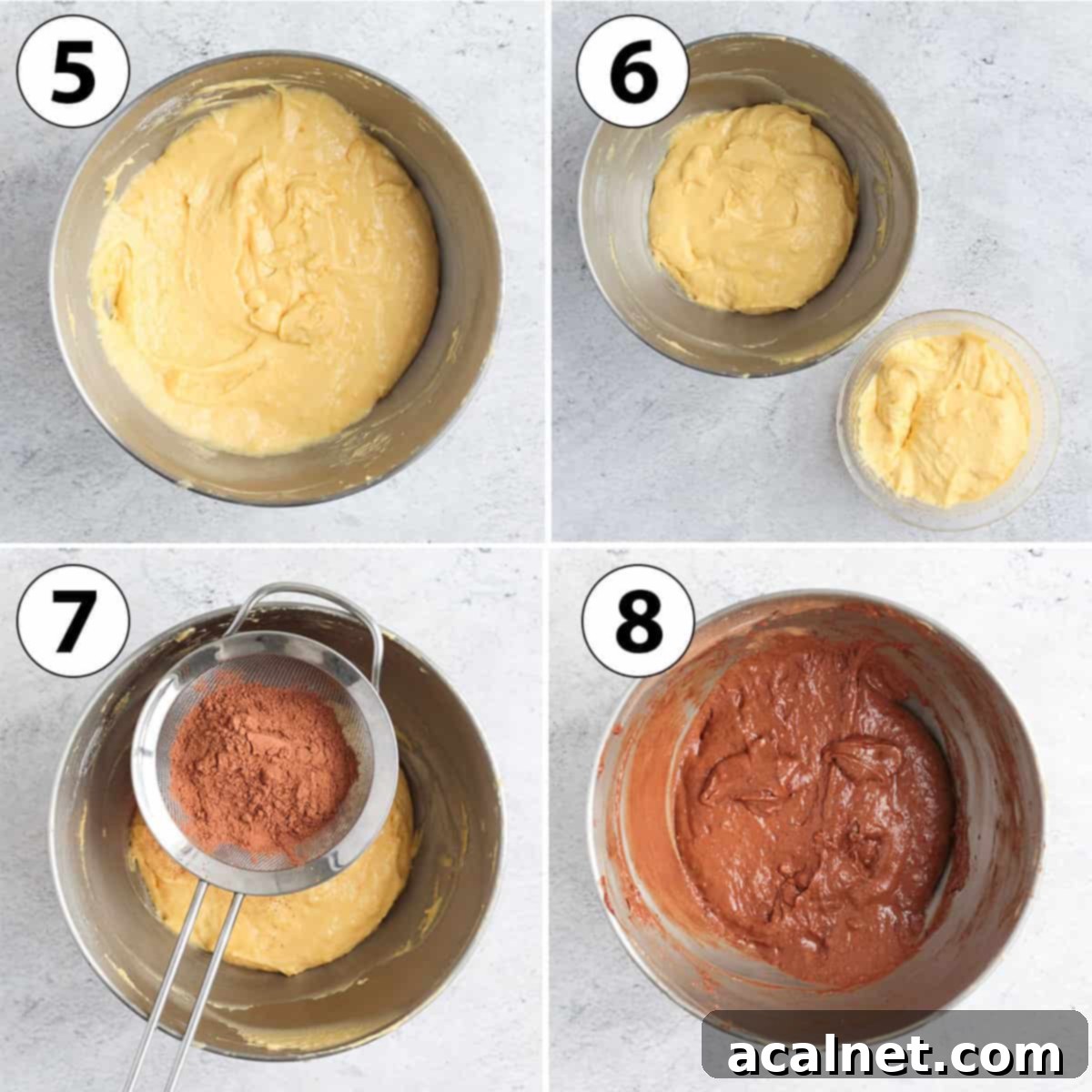 Effortless Swirled Loaf Cake 6 Process Shot Collage: adding the cacao to half the batter to make the chocolate cake batter.