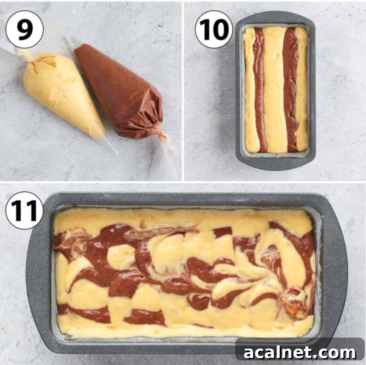 Effortless Swirled Loaf Cake 7 Process Shot Collage: piping the two batters into a loaf pan and creating the marble effect.