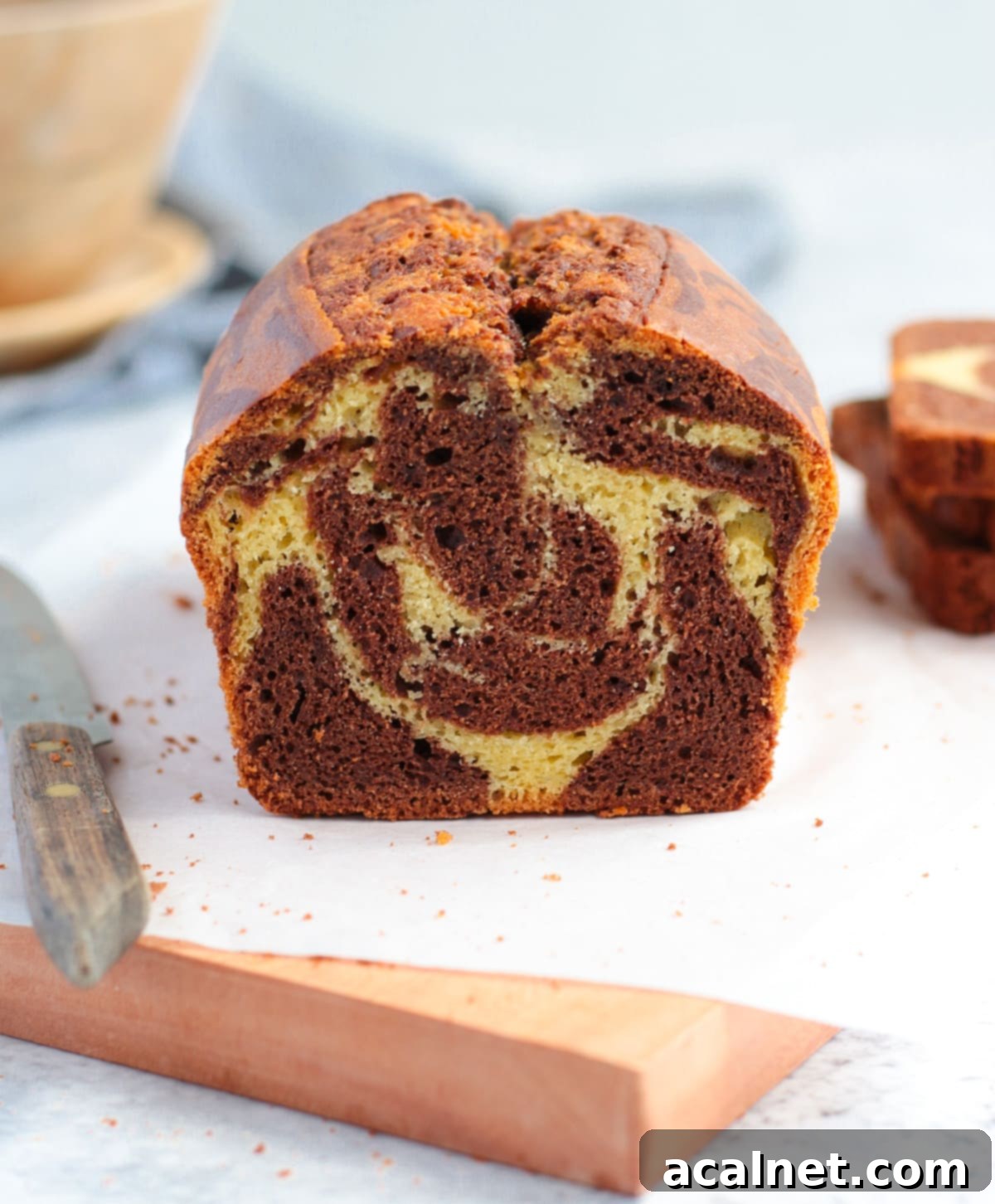 Effortless Swirled Loaf Cake 8 Close up on the sliced cake / crumb shot.