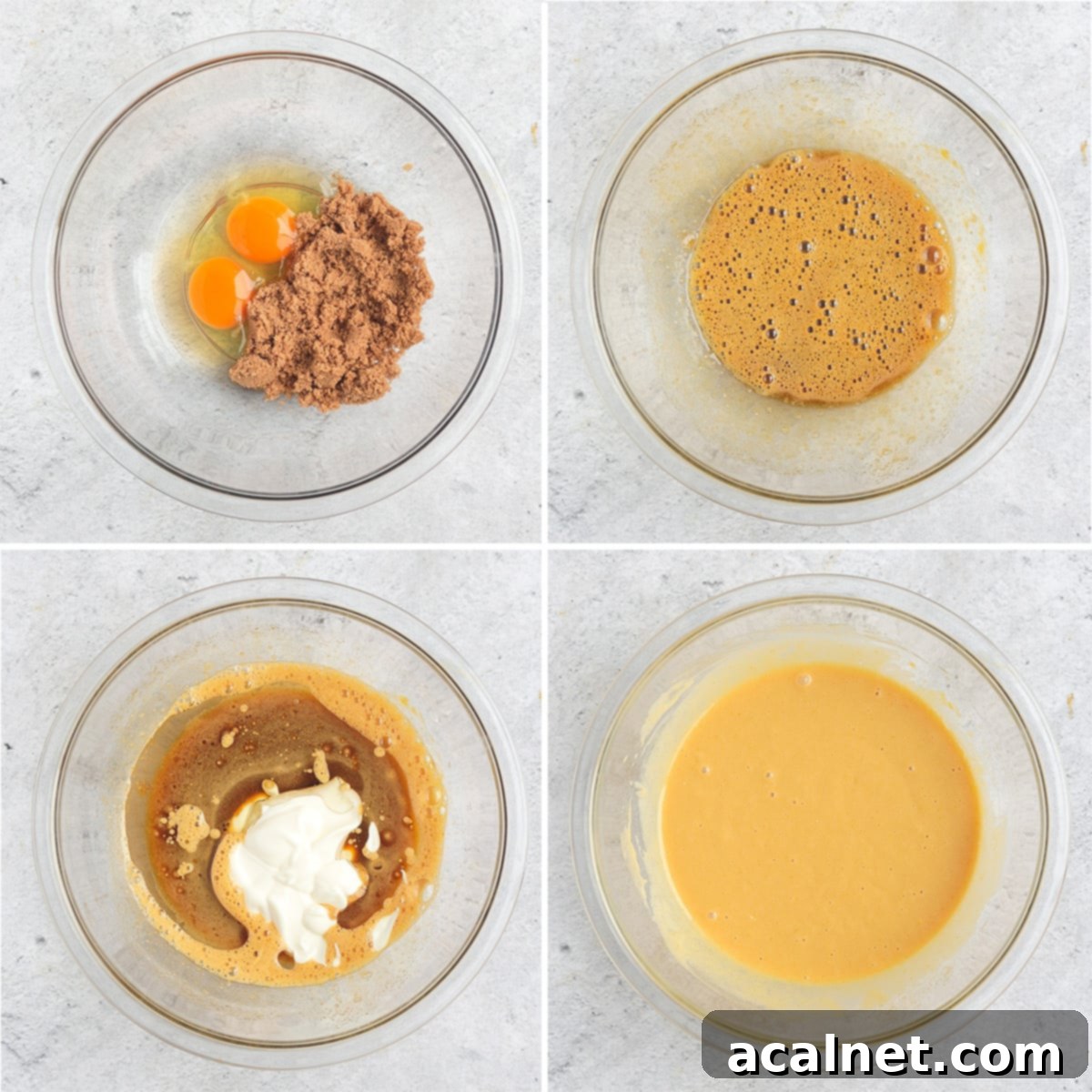 Warm Spiced Pear Muffins 4 Process shot showing wet ingredients (eggs, brown sugar, oil, yogurt) being whisked together in a large mixing bowl.