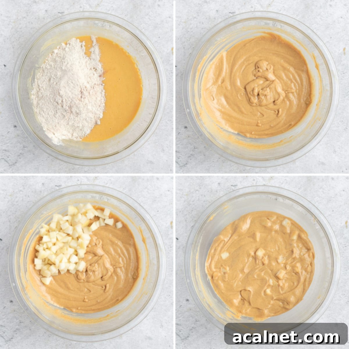 Warm Spiced Pear Muffins 5 Process shot showing dry ingredients (flour and spices) being added to the wet mixture, followed by diced pears.