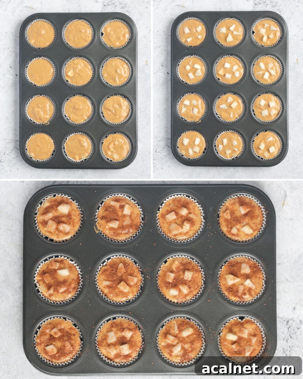 Warm Spiced Pear Muffins 6 Process shot of muffin batter scooped into a tray, topped with pear chunks and cinnamon sugar, ready for baking.