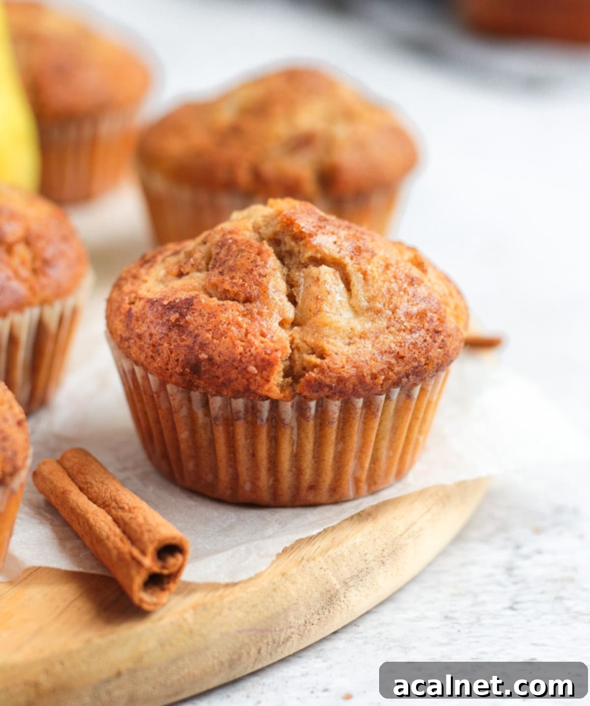 Warm Spiced Pear Muffins 9 A single spiced pear muffin on a round wooden board, placed over baking paper, with a rustic, cozy feel.