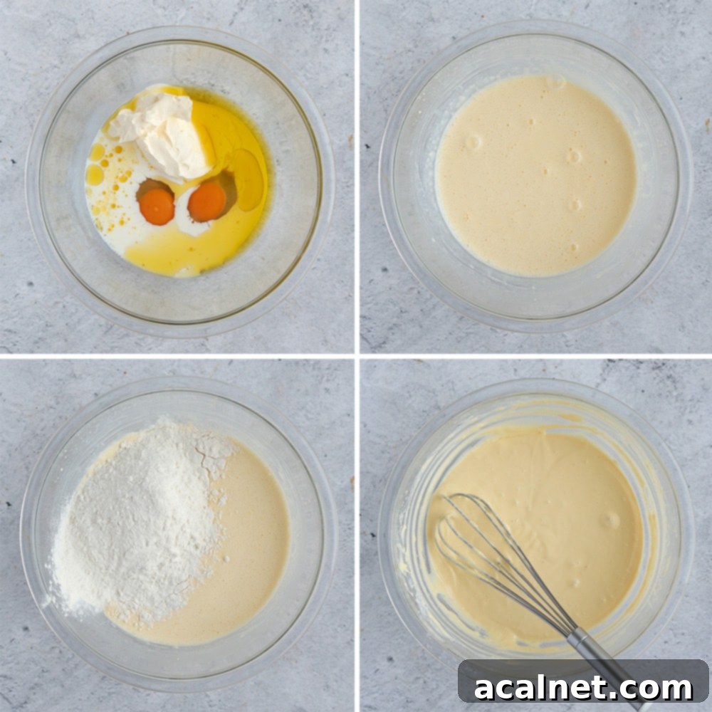 Process shot showing wet ingredients mixed and dry ingredients being added to make savory cheese pancake batter