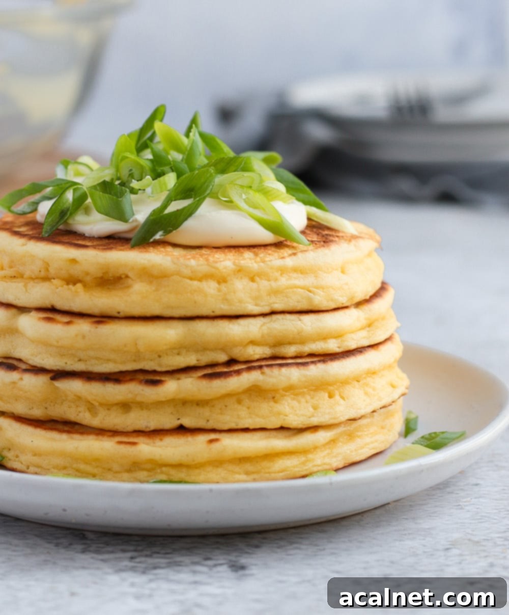 Side view of a stack of fluffy cheese pancakes, showing their airy texture