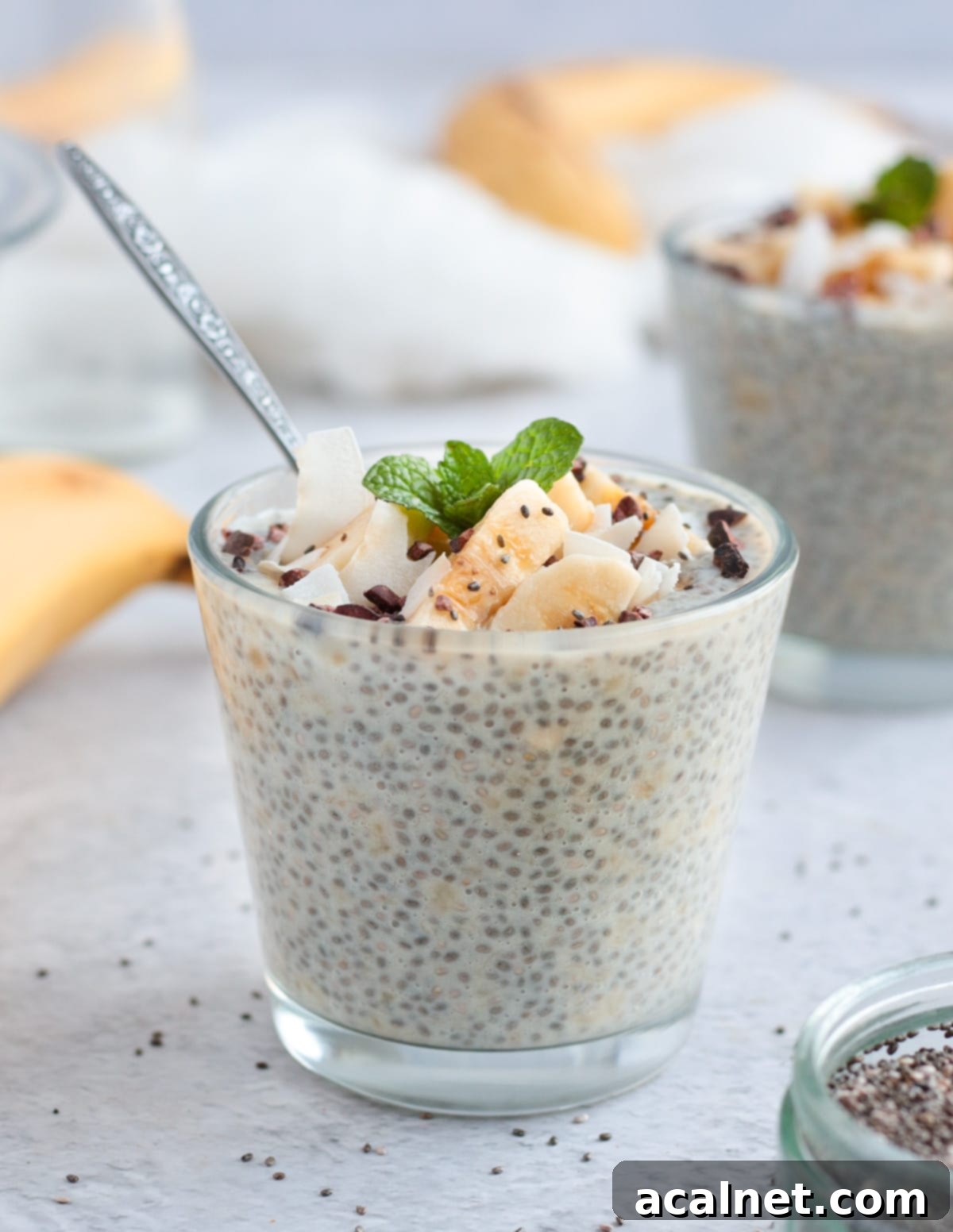 One glass cup filled with banana chia seed pudding with spoon in it, topped with coconut and banana slices
