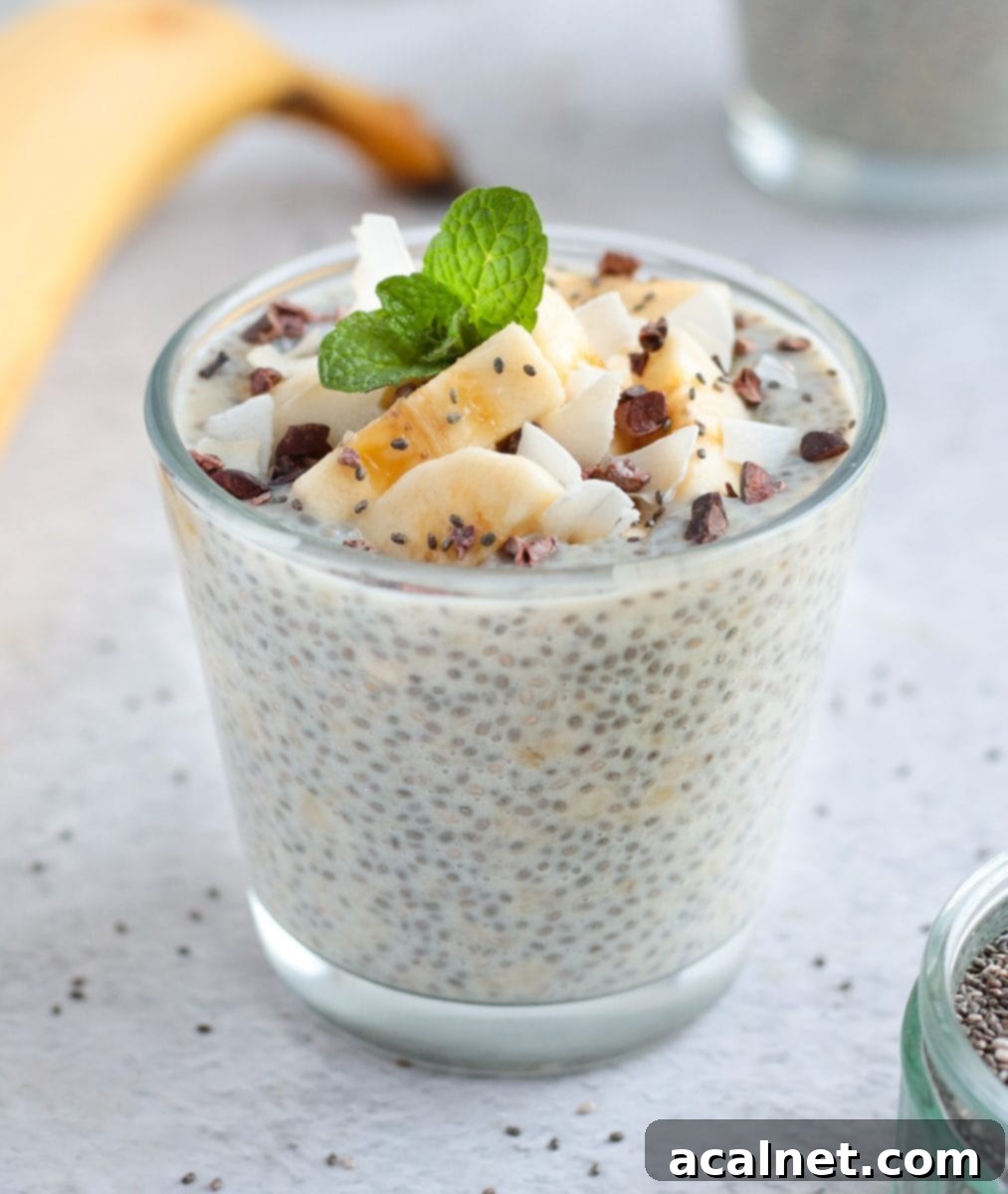 One Chia Seed Pudding topped with banana slices and fresh mint