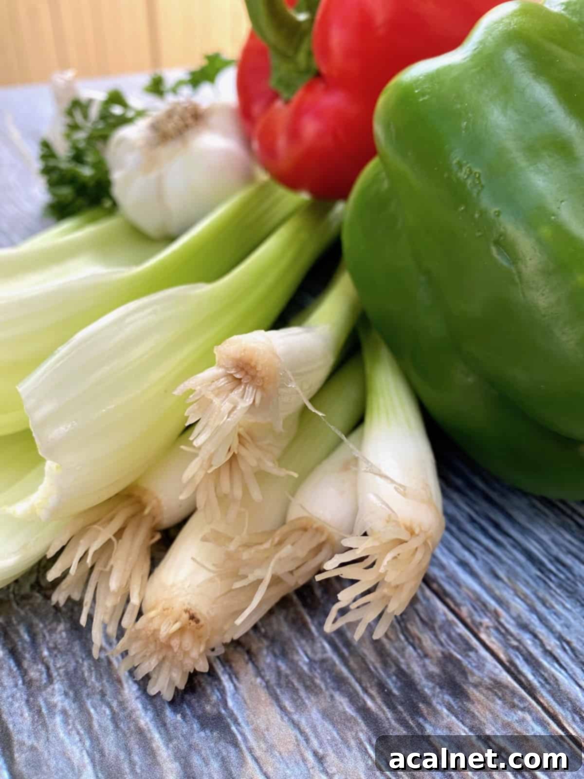 A side shot of green onions, celery and a clove of garlic alongside red and green peppers.