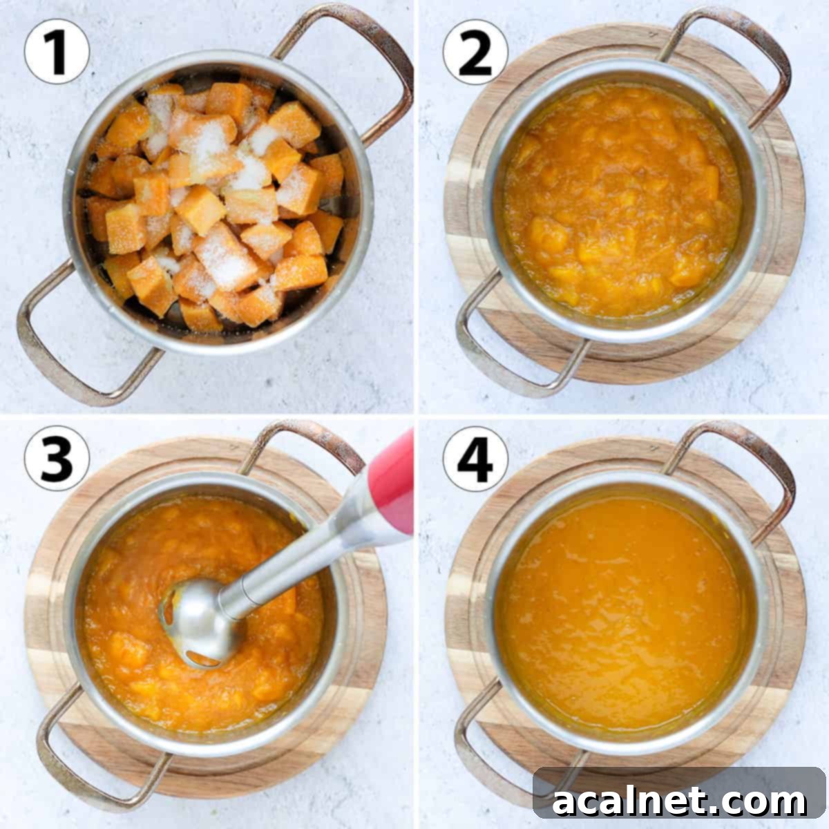 Process Photo Collage: making the coulis in a pot and blending it with an immersion blender.