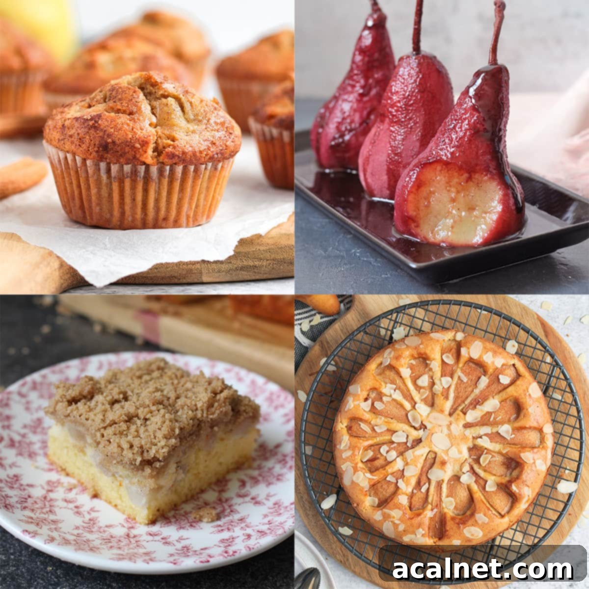 Four pear desserts in a grid