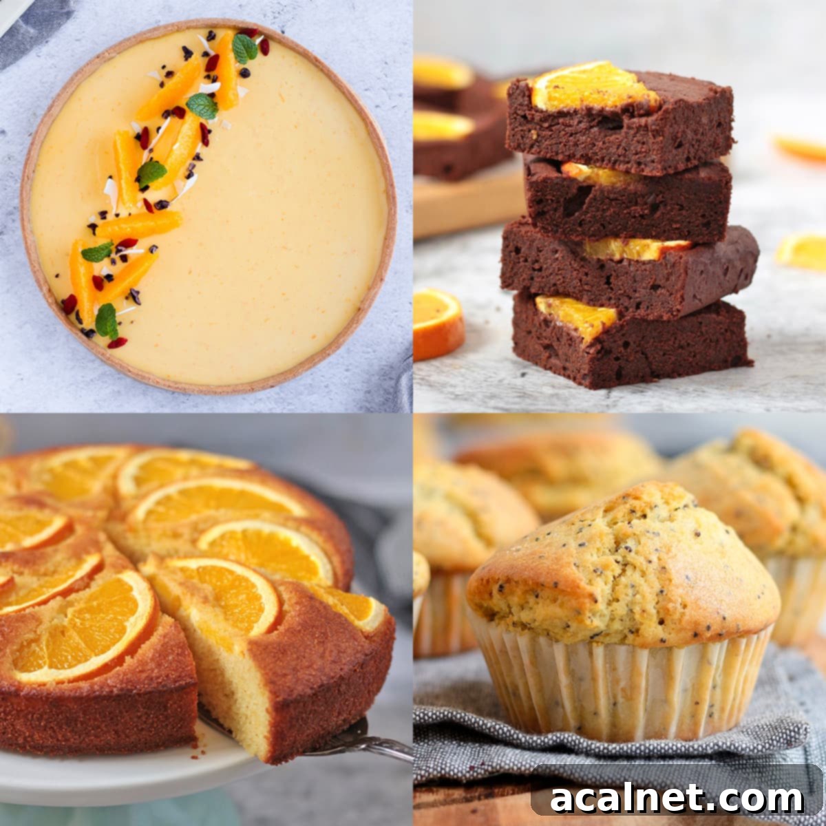 A grid displaying four vibrant orange desserts, showcasing their delicious textures and bright colors.