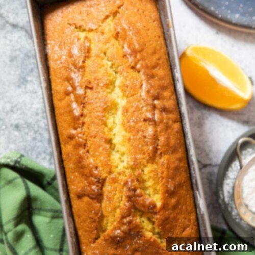 A perfectly baked Orange Loaf Cake, glazed and ready to be sliced, perfect for tea time.