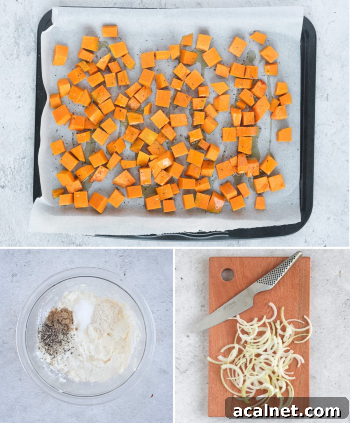 Process Shot: preparing the ricotta filling and slicing onion for the pumpkin tart