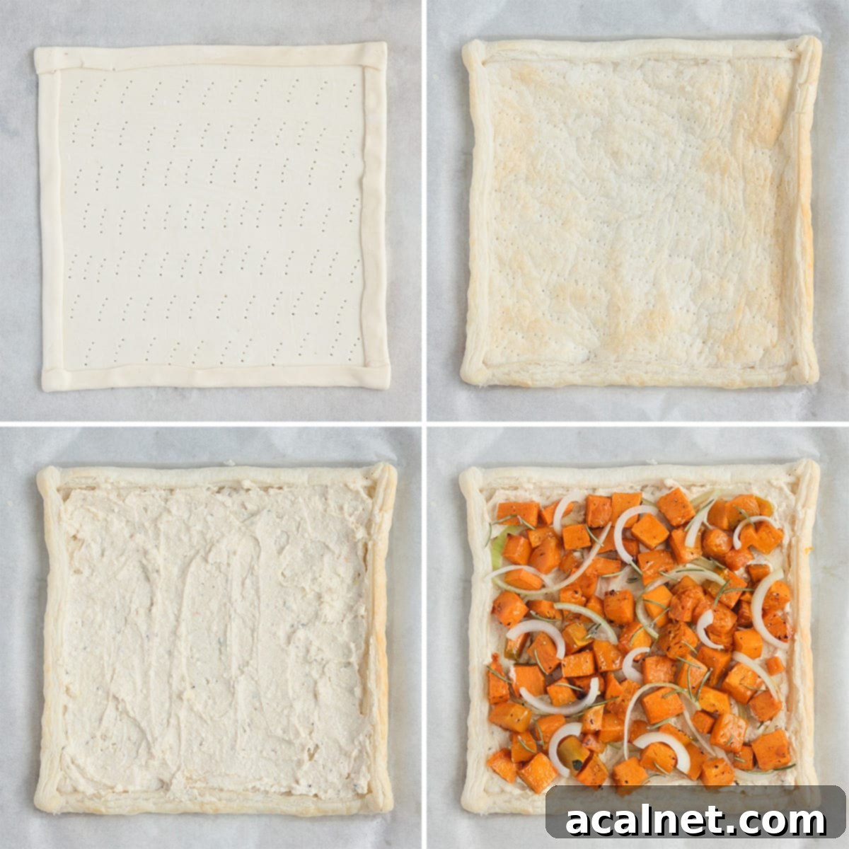 Process Shot: assembling the savory pumpkin tart with ricotta, roasted pumpkin, and onion