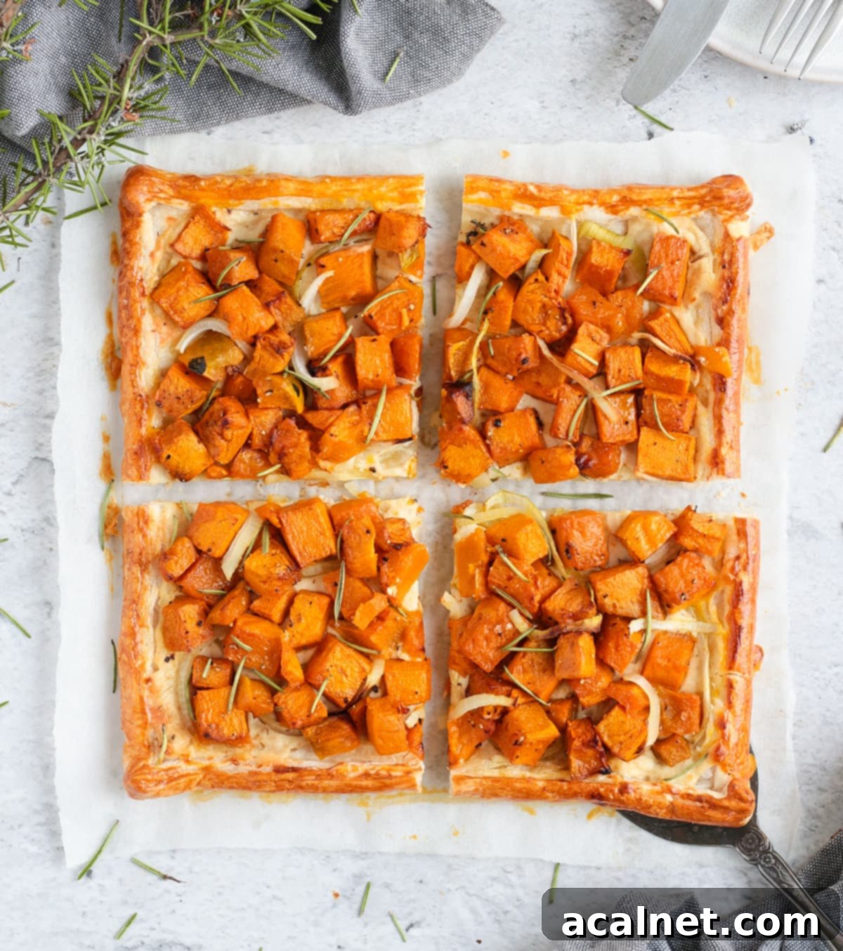 Flatlay of the Savory Pumpkin Tart sliced into 4 portions on baking paper