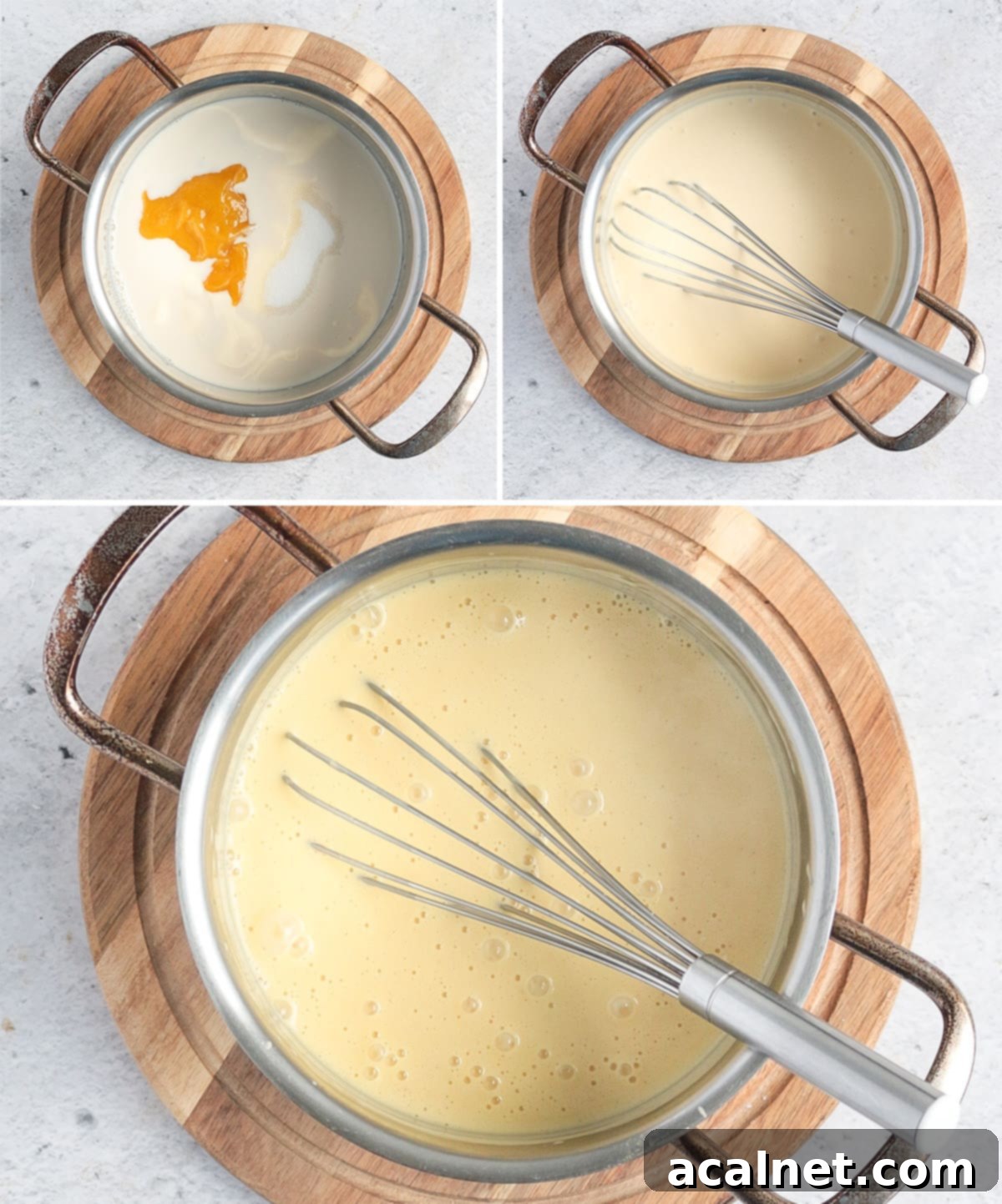 Process shot: cooking the milk, cream, sugar, and mango coulis in a saucepan
