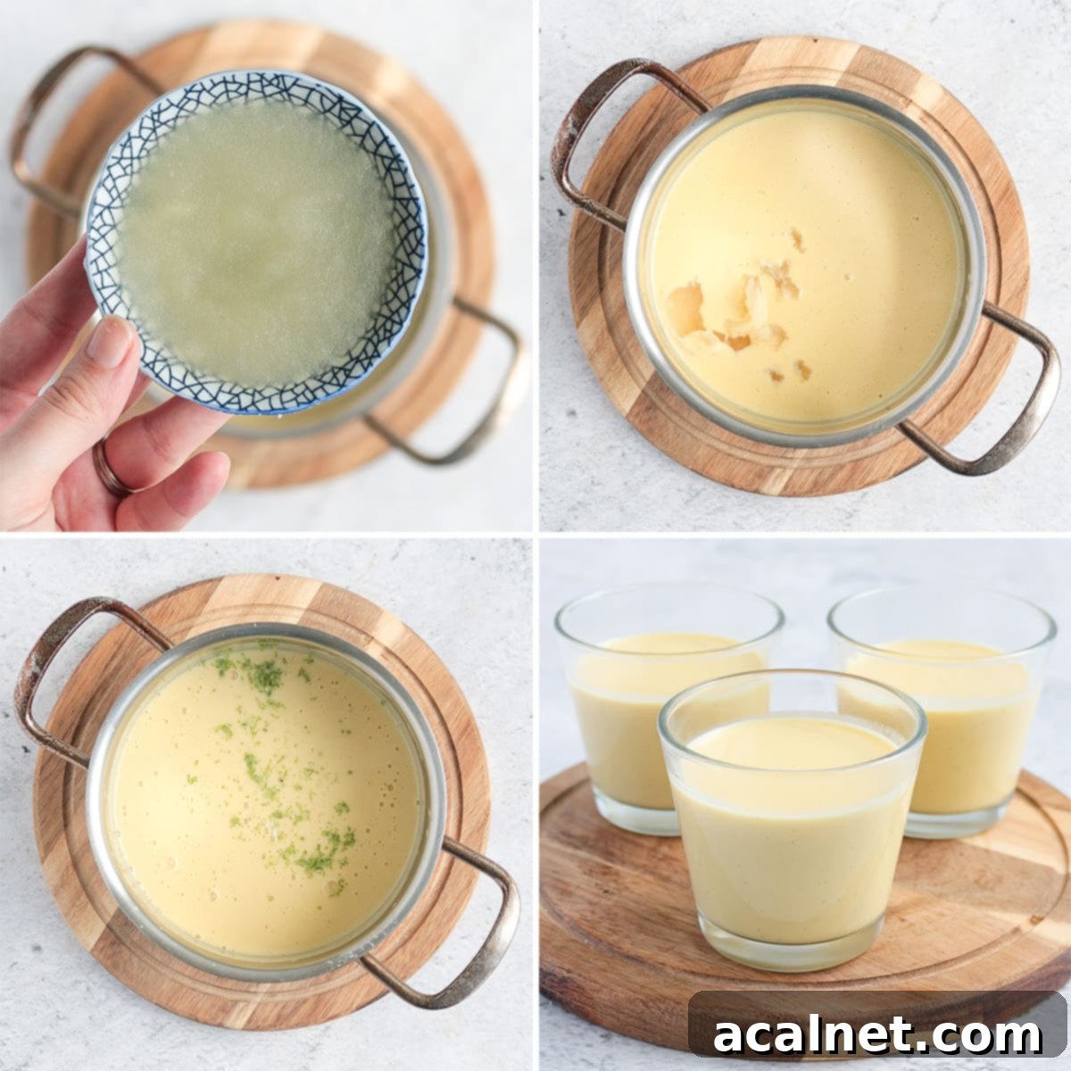 Process Shot: adding the gelatine paste and lime zest to the heated panna cotta mixture