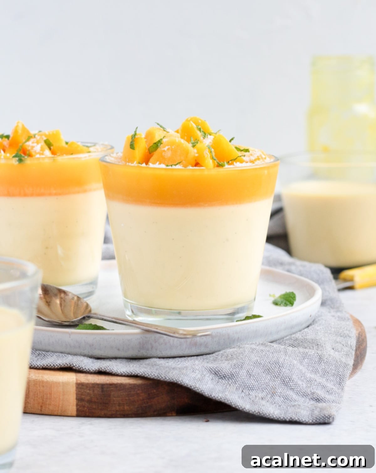 Panna Cotta in a cup topped with coulis and fresh mango and mint