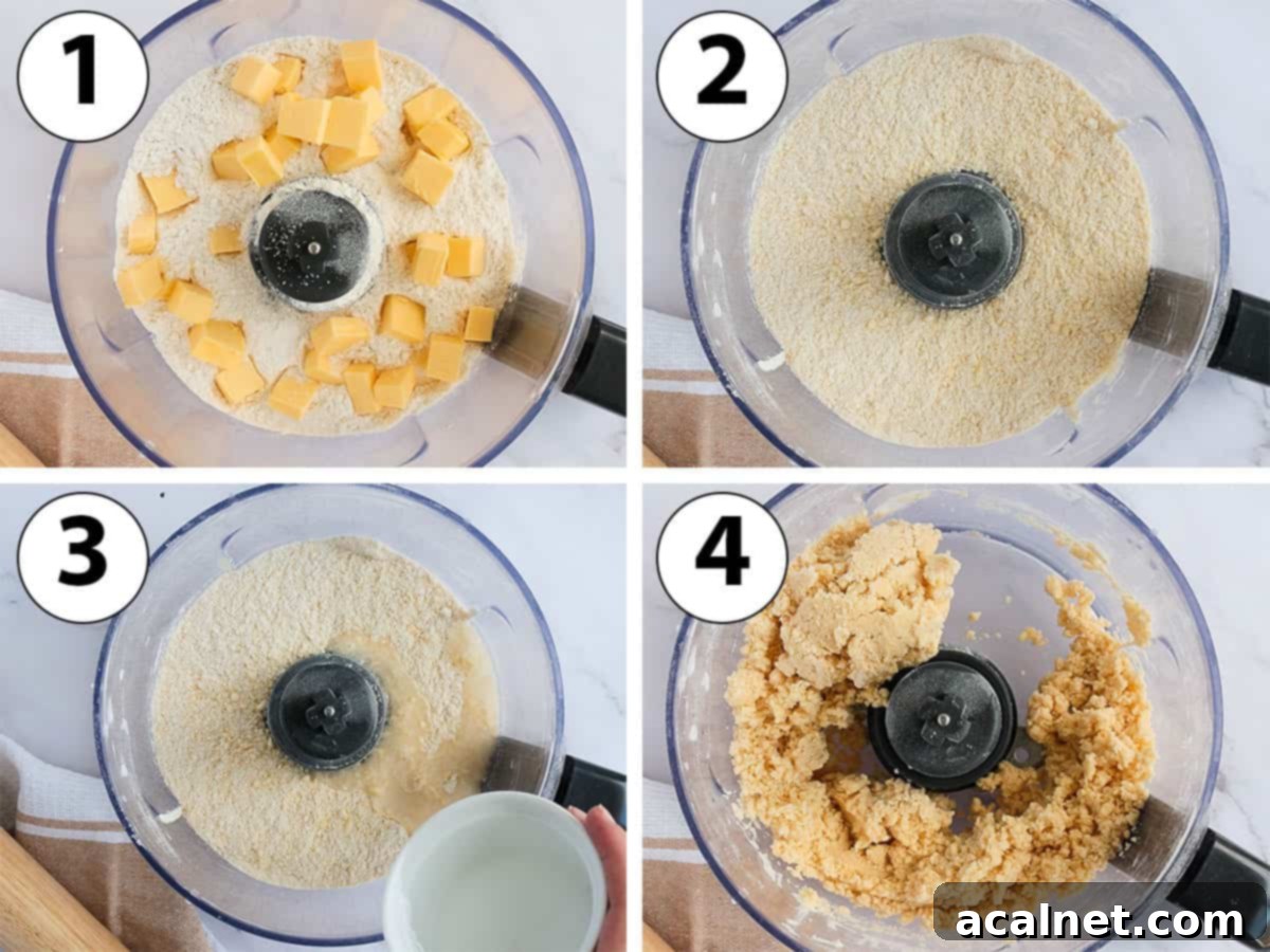 Process Shot Collage: mixing the pastry ingredients in a food processor to make the dough, showing flour, butter, and water combining.
