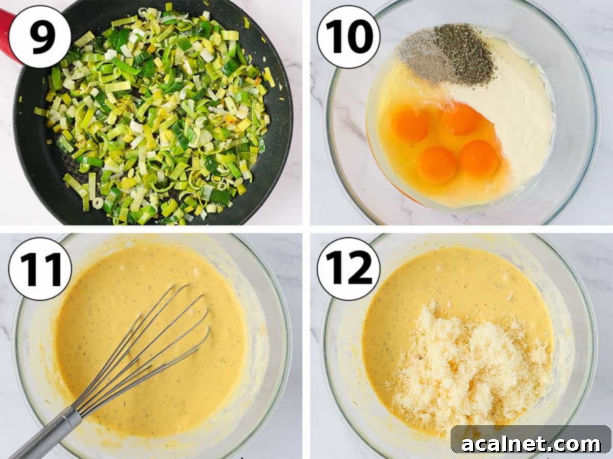 Process Shot Collage: cooking the leeks in a pan until translucent and mixing the custard ingredients in a bowl.