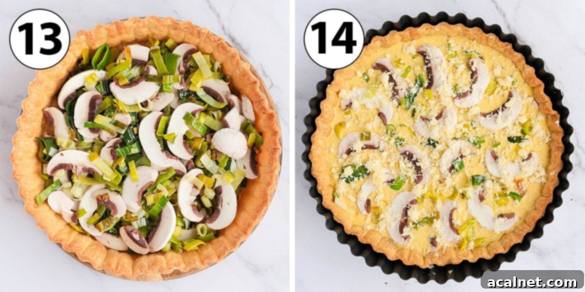 Process Shot Collage: assembling the filling over the par-baked pastry shell, showing leeks, mushrooms, and custard being added.