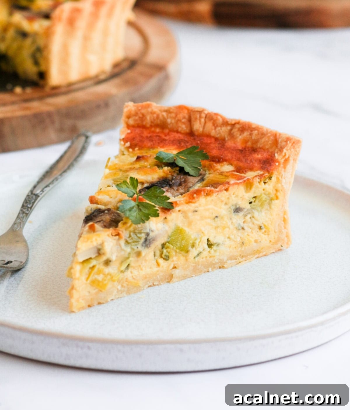 One slice of quiche on a white plate, showing the creamy filling and golden crust.