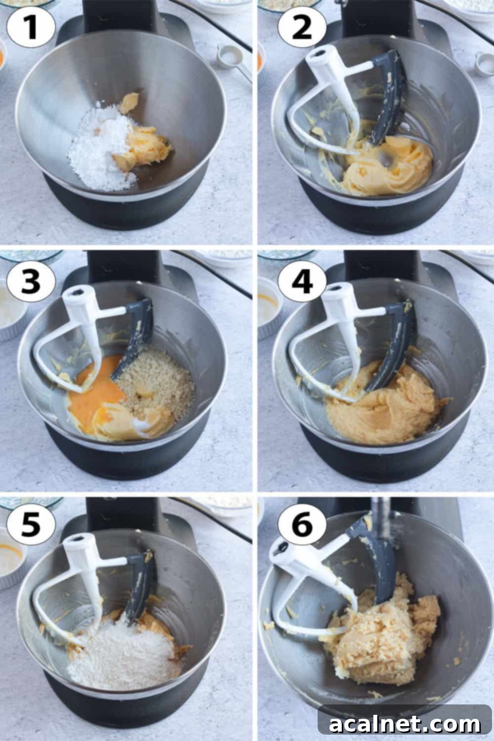 Process Shot: making the pastry in the mixer. A series of close-up images showing the progression of making Pâte Sucrée in a stand mixer, from creaming butter and sugar to incorporating flour and forming the dough.