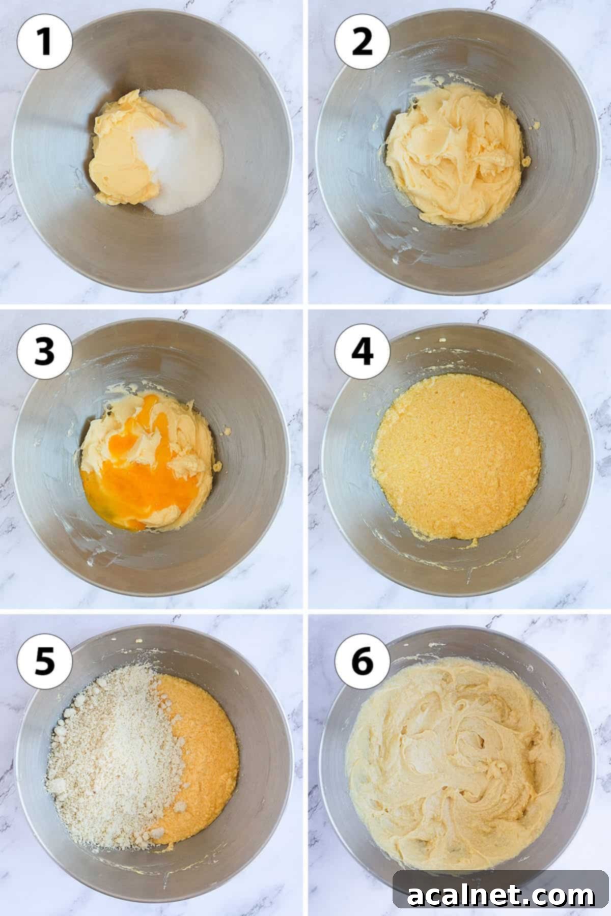Process Shots Collage: making the almond cream in a metal bowl. A collage of process shots illustrating the steps to make almond cream (frangipane) in a metal mixing bowl, from creaming butter and sugar to the final smooth mixture.