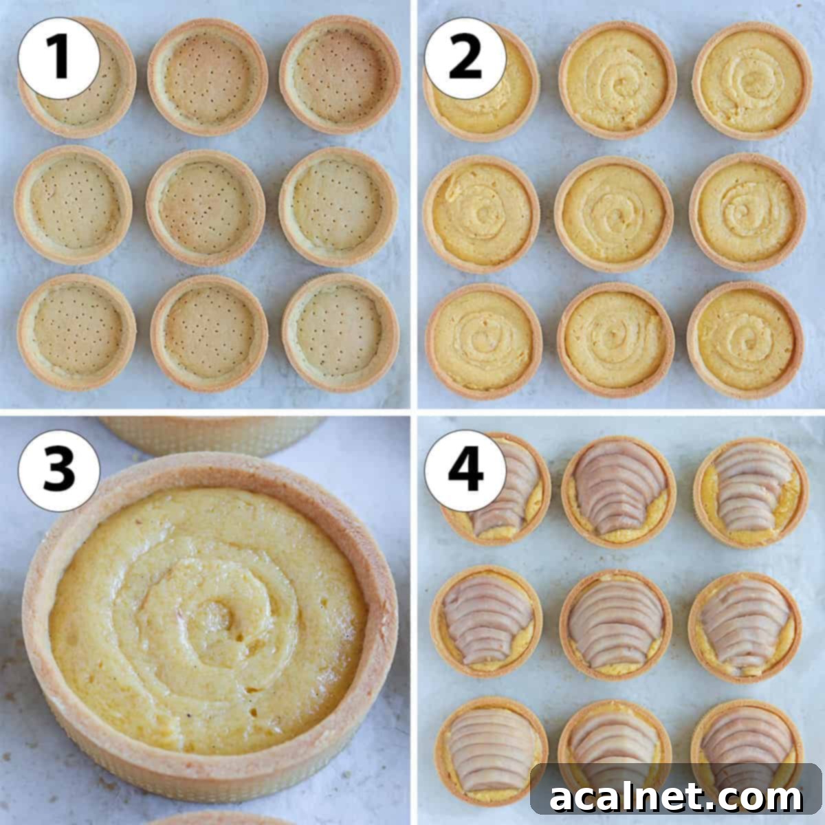 Process collage: assembling the tartlets for baking. A collage showing the steps of assembling the tartlets: arranging blind-baked shells, piping frangipane, and placing sliced poached pears on top before baking.