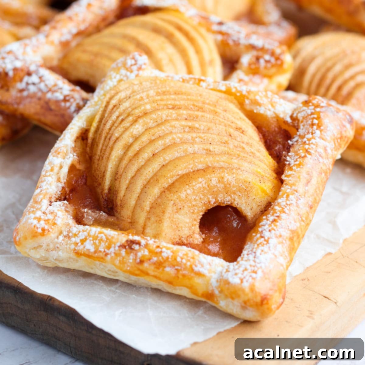 Flaky Apple Bites 2 Close up on a tartlet placed on a wooden cutting board.