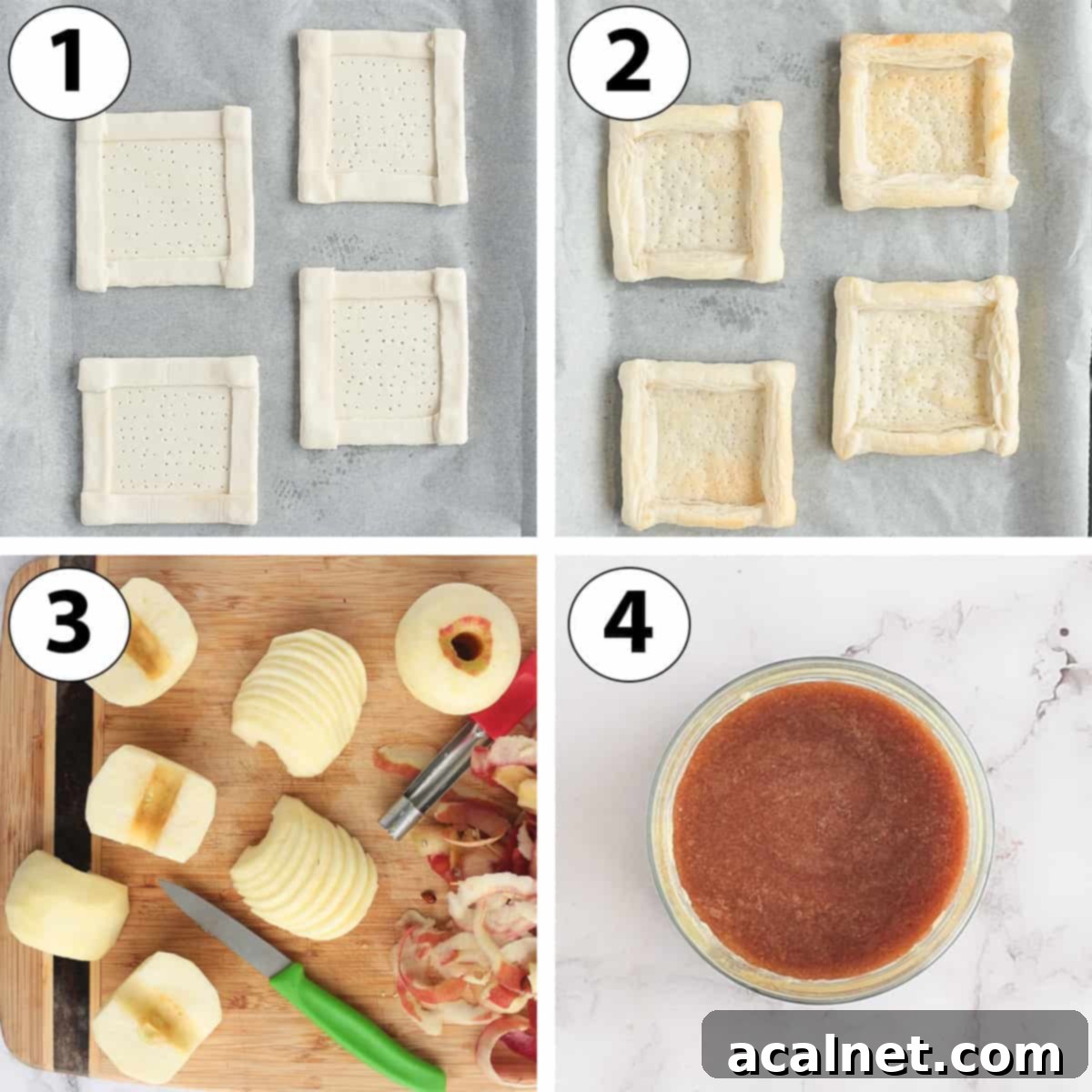 Flaky Apple Bites 4 Process Shot Collage: blind-baking the puff pastry, slicing the apples and preparing the glaze.