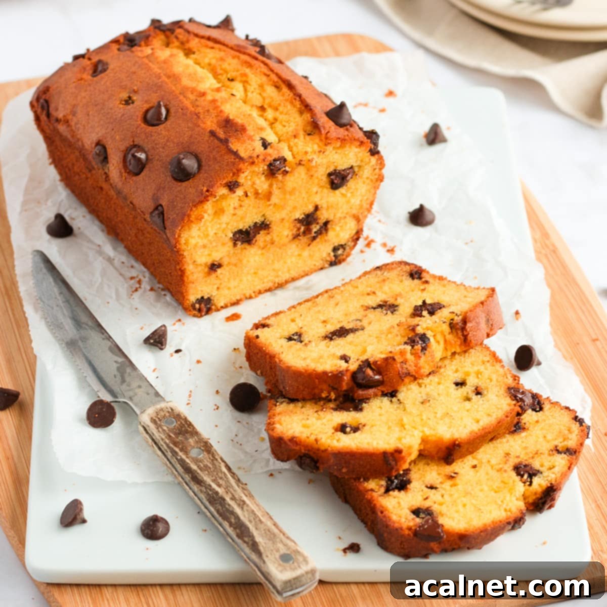 Loaf on a white stone board with 3 slices cut, showcasing a moist interior with chocolate chips.