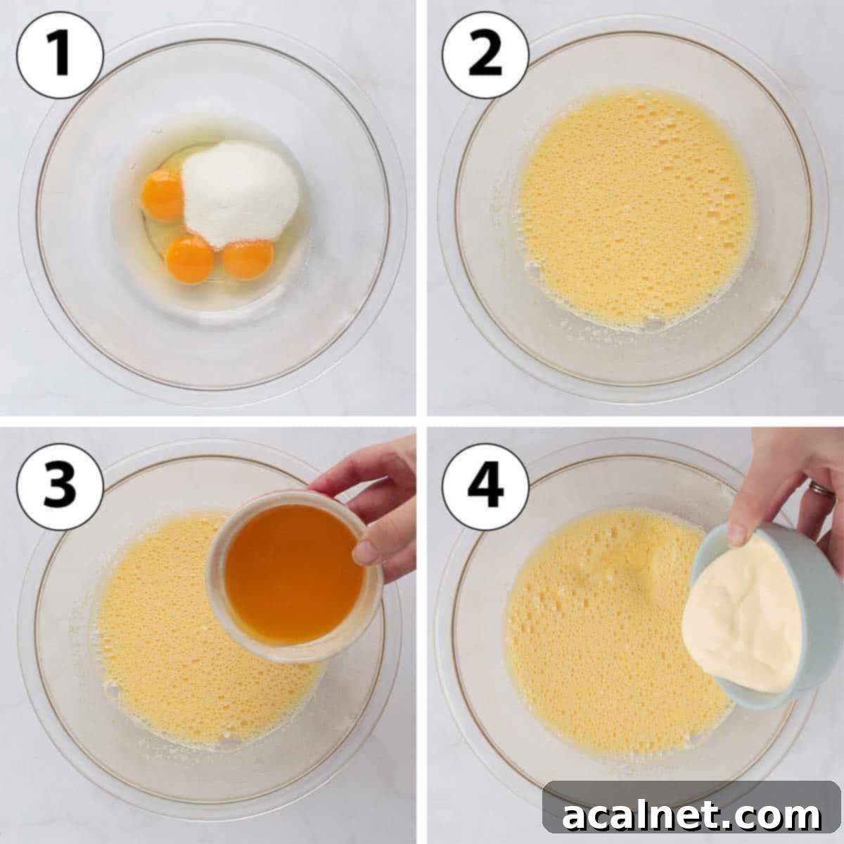 Collage of process shots showing wet ingredients being mixed for Chocolate Chip Loaf Cake.