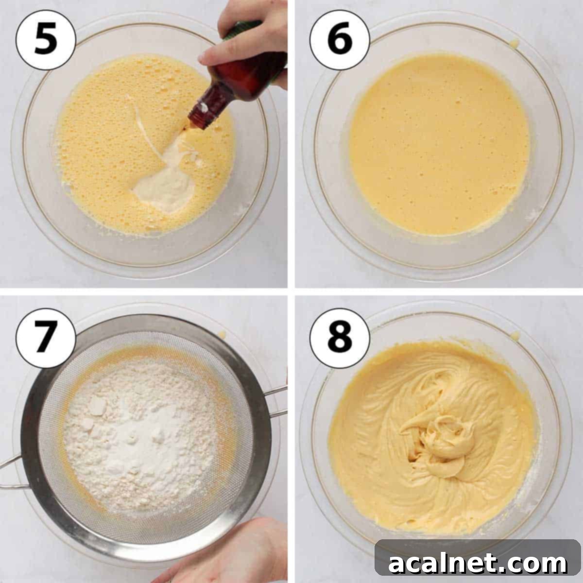 Collage of process shots showing dry ingredients being added and mixed for Chocolate Chip Loaf Cake.