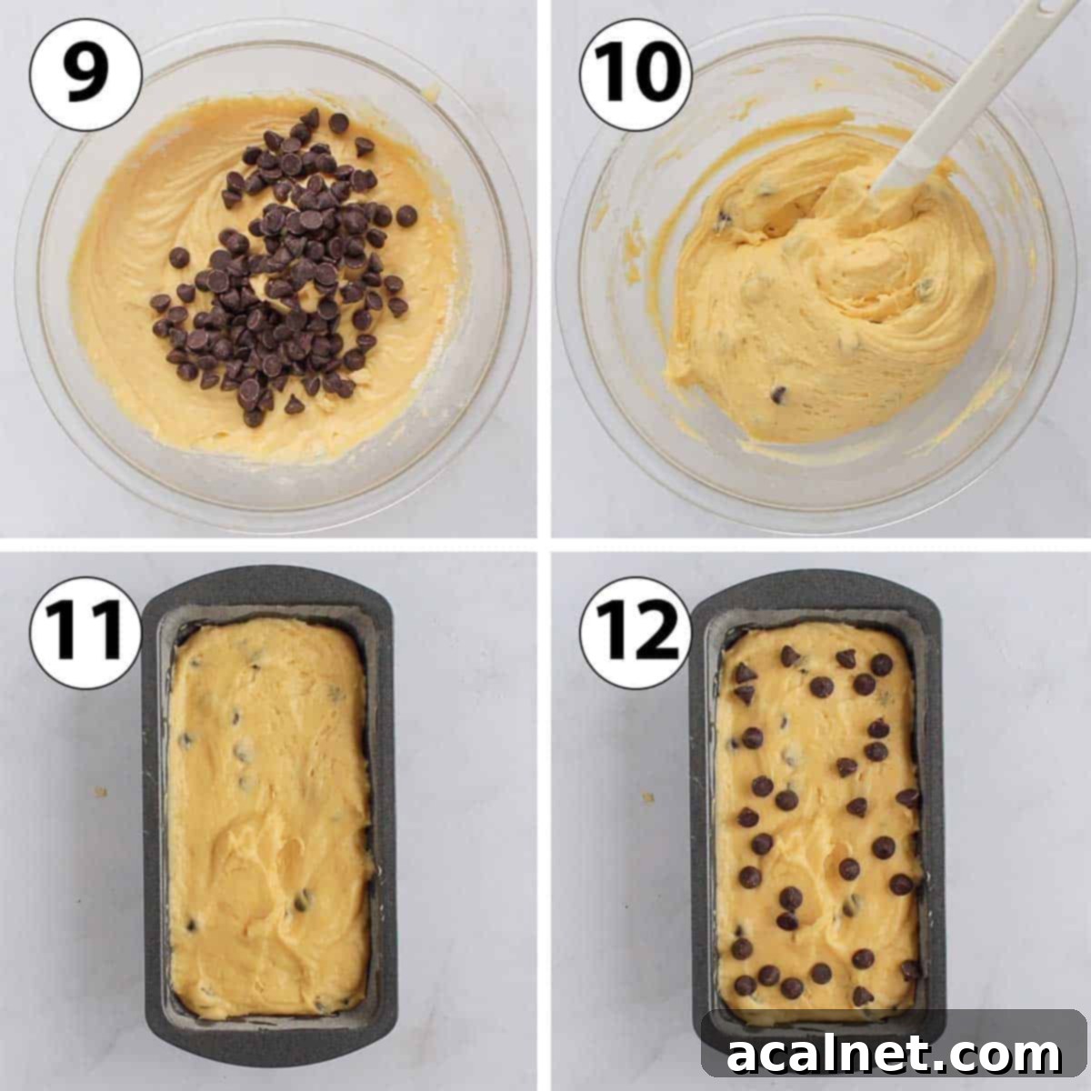 Collage of process shots showing chocolate chips being added and batter poured into the loaf pan.