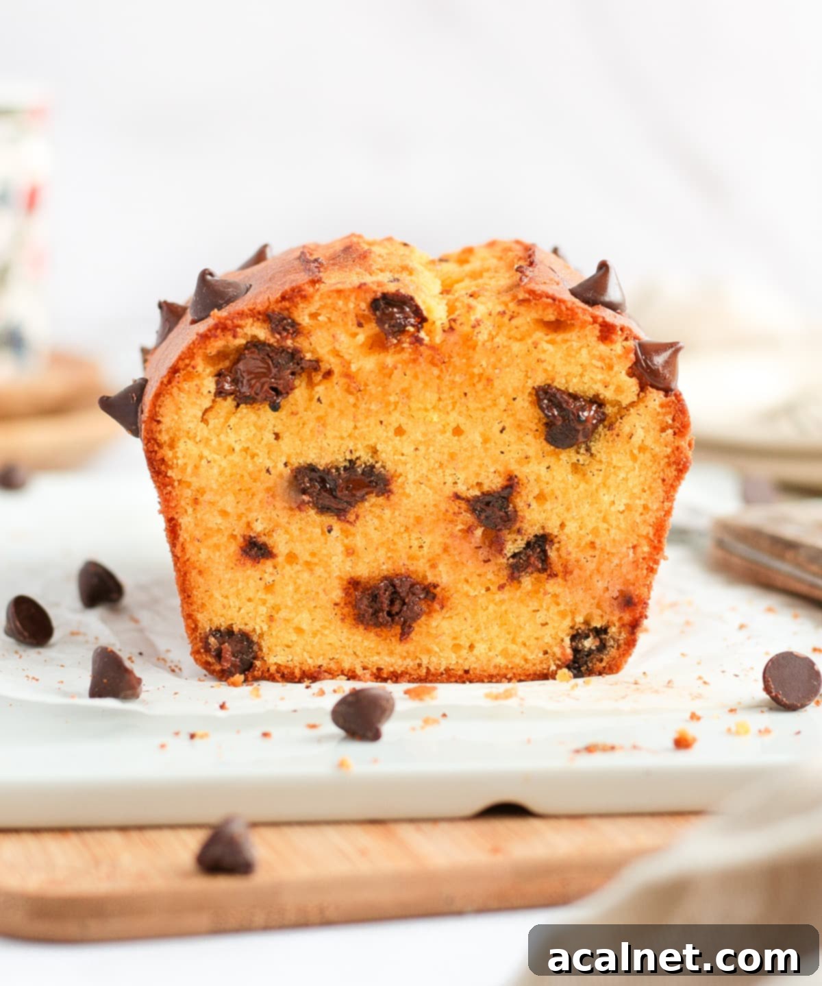 Crumb shot of a slice of Chocolate Chip Loaf Cake on a white board, showing the fluffy and moist interior.