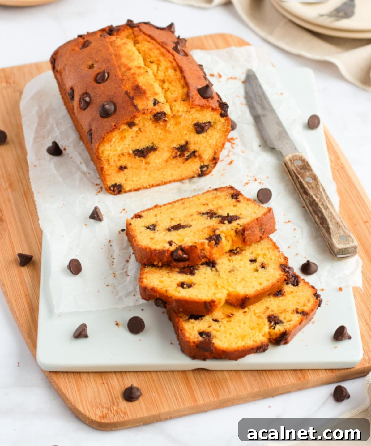 Three slices of Chocolate Chip Loaf Cake laid out next to the main loaf on a white and wooden board, ready to serve.