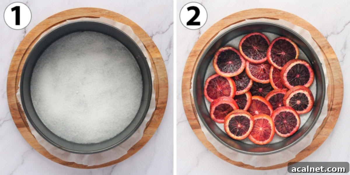 Process Photo Collage: step 1 showing sugar sprinkled in a pan, step 2 showing blood orange slices arranged in the pan.