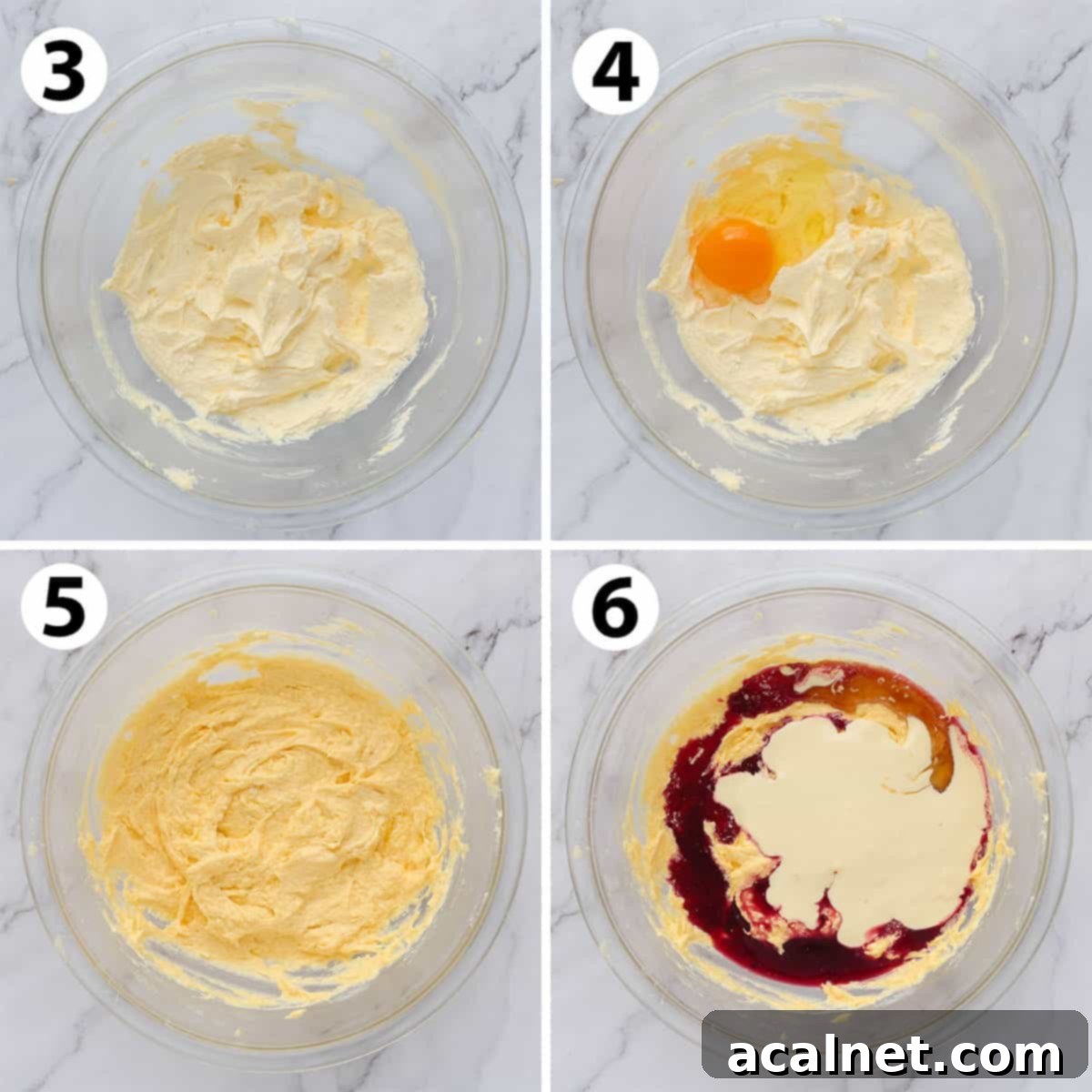 Process Photo Collage: step 3 showing creamed butter and sugar, step 4 and 5 showing eggs being incorporated, step 6 and 7 showing cream, vanilla, and orange zest/juice being added.