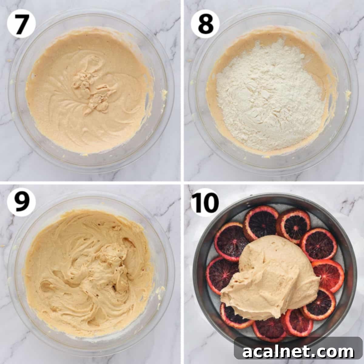 Process Photo Collage: step 7 and 8 showing flour being added and mixed, step 9 showing batter being poured over oranges.