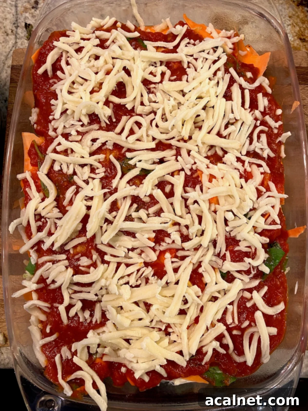 Sweet Potato Lasagna Perfection 12 A generous layer of shredded mozzarella cheese covering rich marinara sauce, ready for baking.