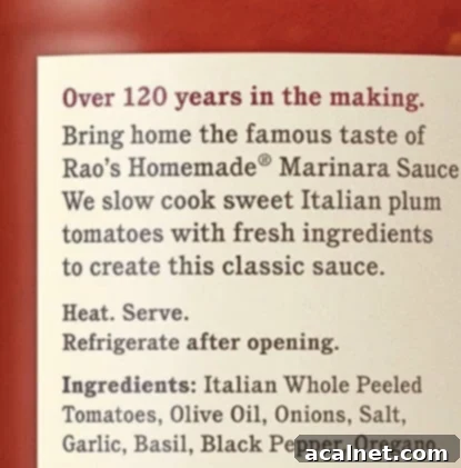 Sweet Potato Lasagna Perfection 7 A close-up photograph of Rao's marinara sauce label, detailing its simple and high-quality ingredients.
