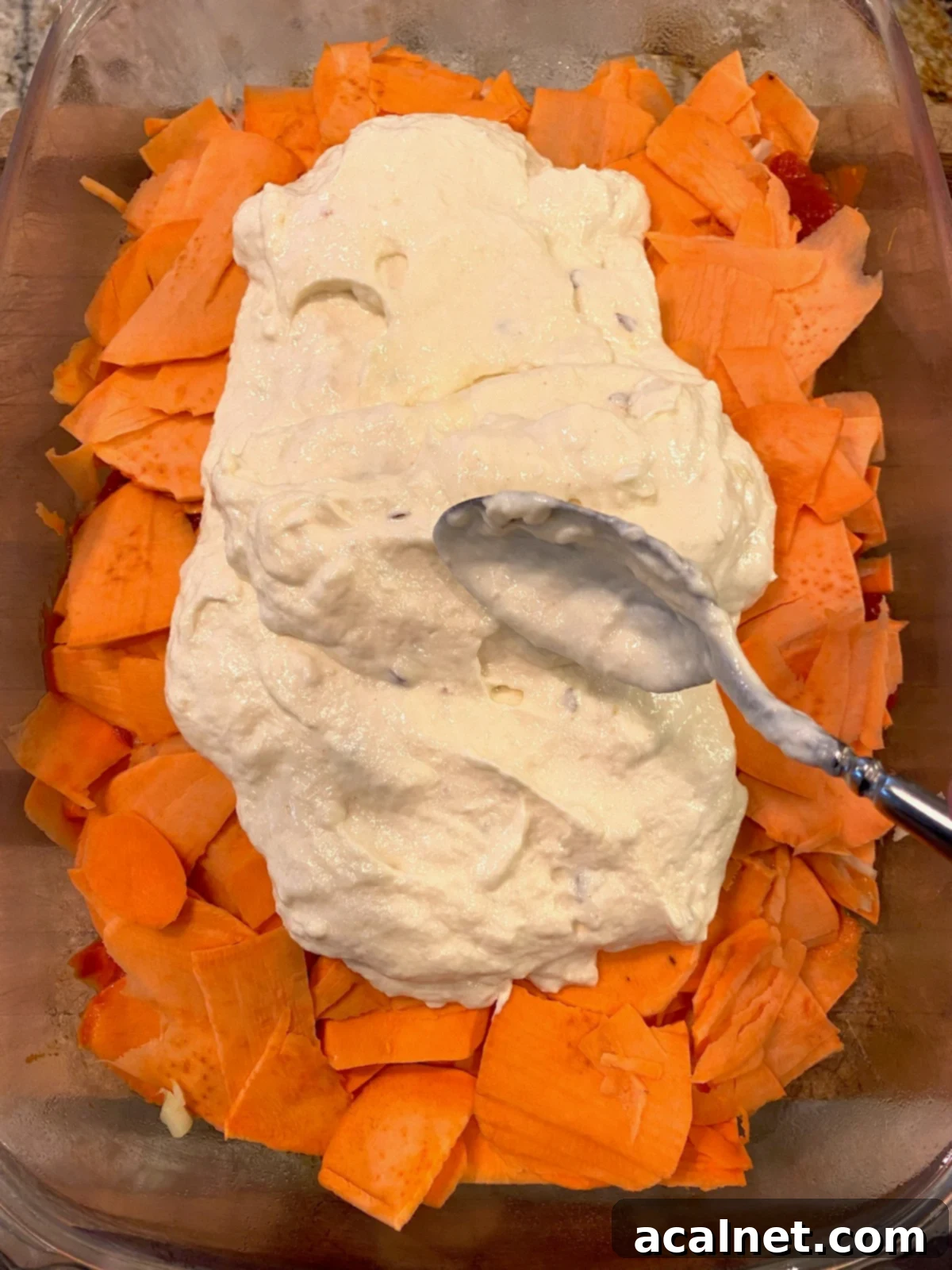 Sweet Potato Lasagna Perfection 10 A creamy layer of ricotta cheese mixture delicately spread over thinly sliced sweet potatoes in a baking dish.