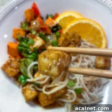 A plate of crispy orange tofu served with stir-fried vegetables and noodles, garnished with orange slices.
