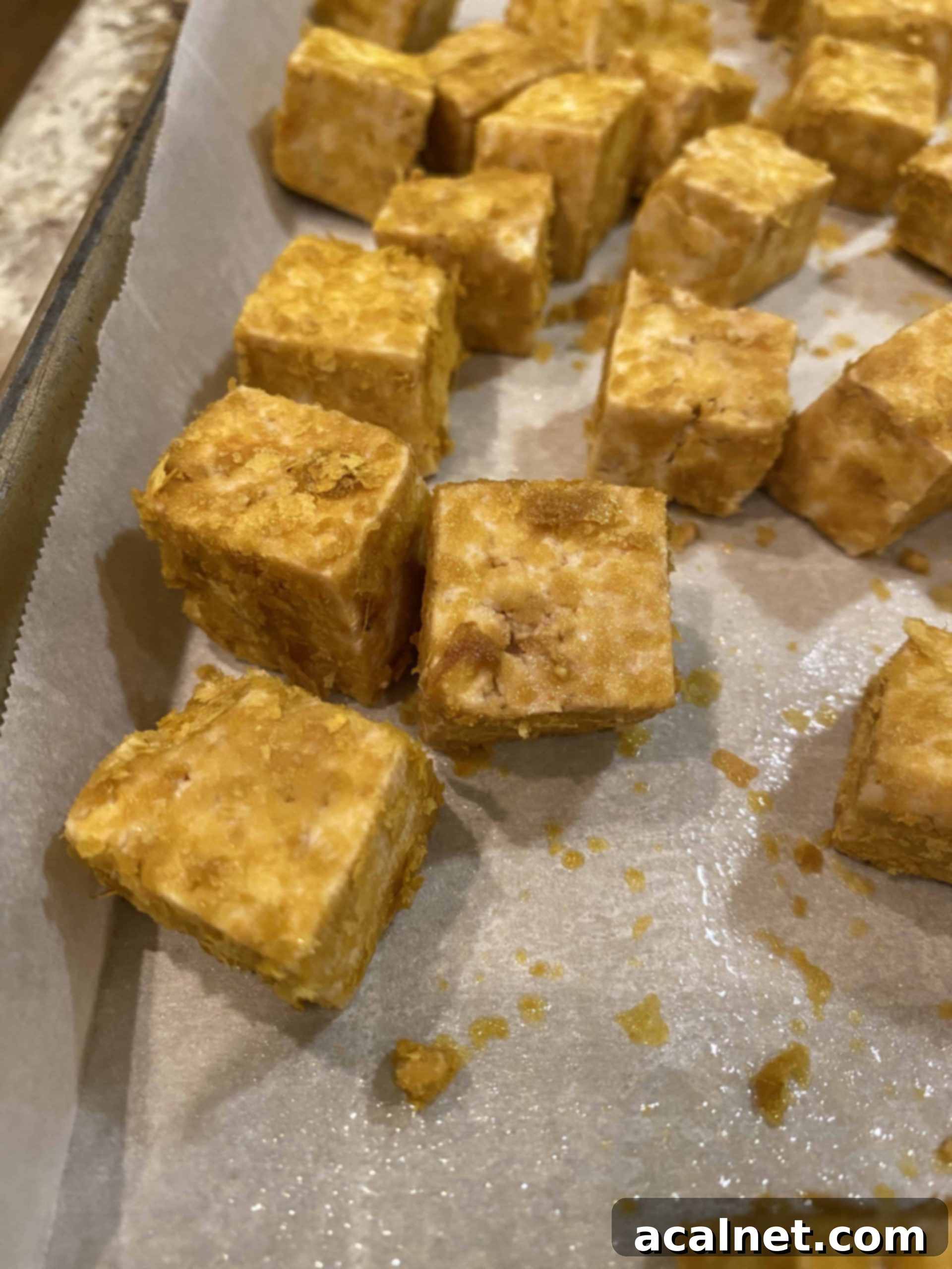 Diced tofu chunks coated with nutritional yeast, spread evenly on parchment paper on a baking sheet, ready for baking.
