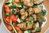 Mediterranean Tofu & Roasted Eggplant with Tahini Yogurt Sauce