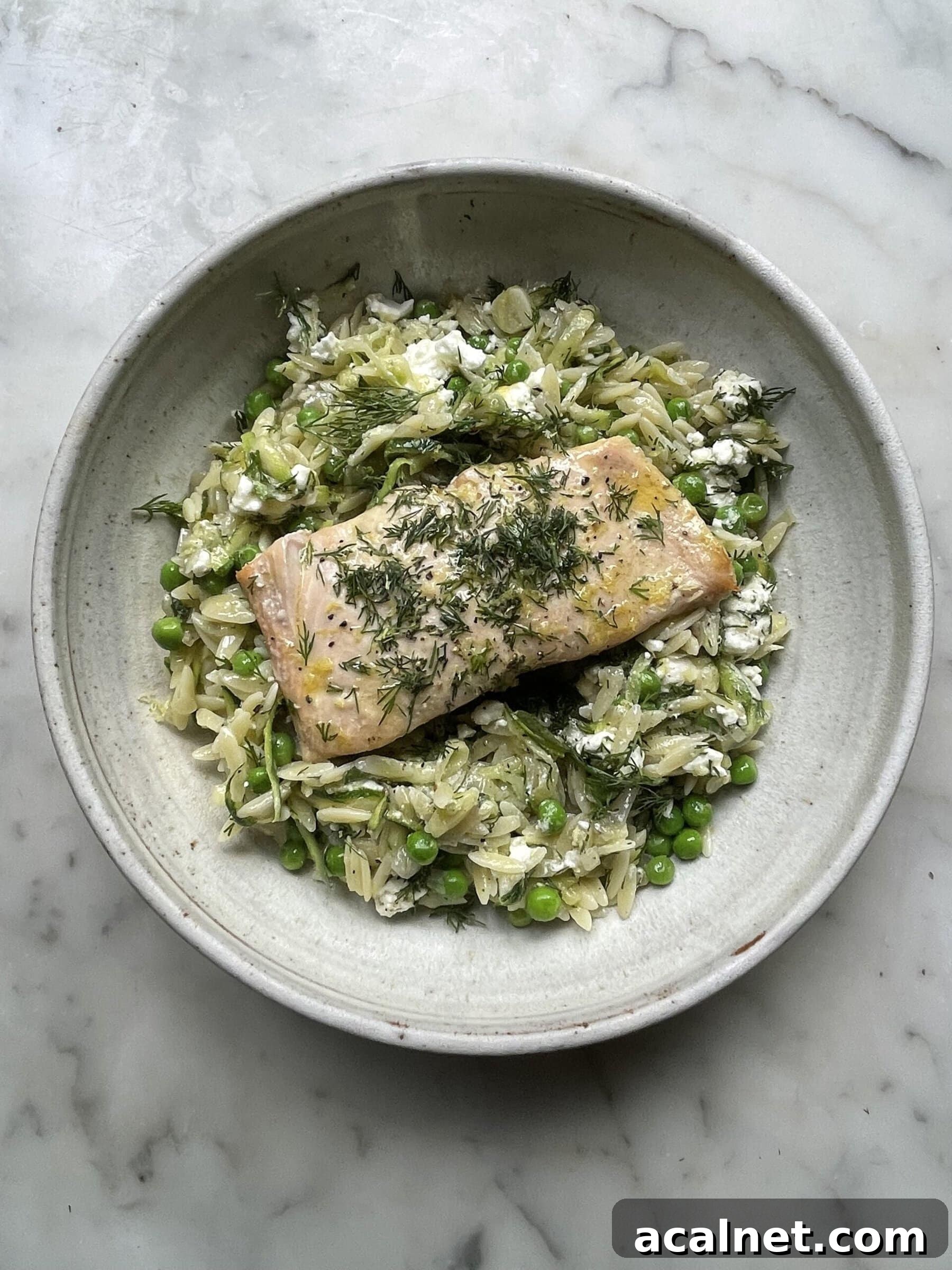 lemon orzo with feta topped with salmon in a grey bowl.
