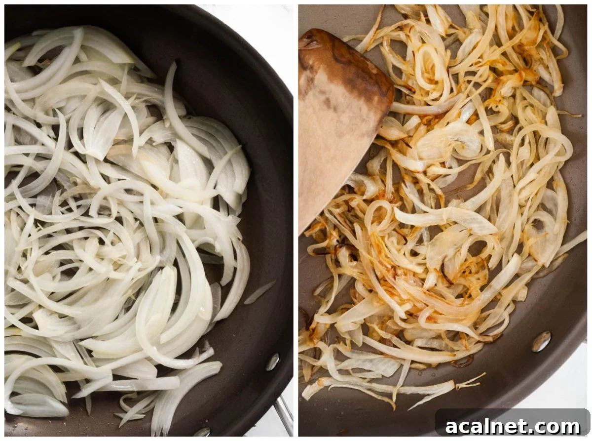 a photo collage of onions carmelizing in a skillet