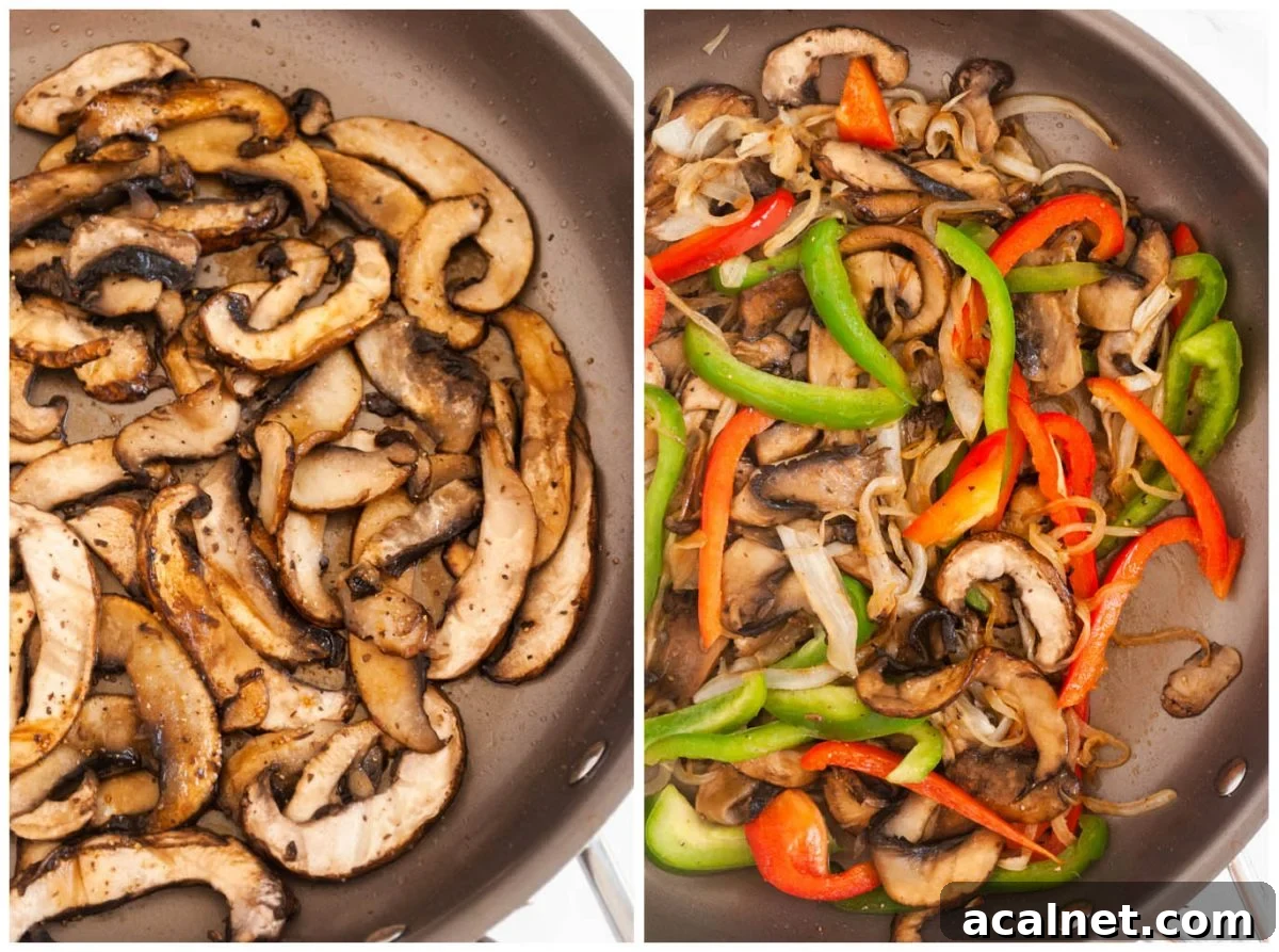 a photo collage of brown mushrooms and cooked veggie cheesesteak filling