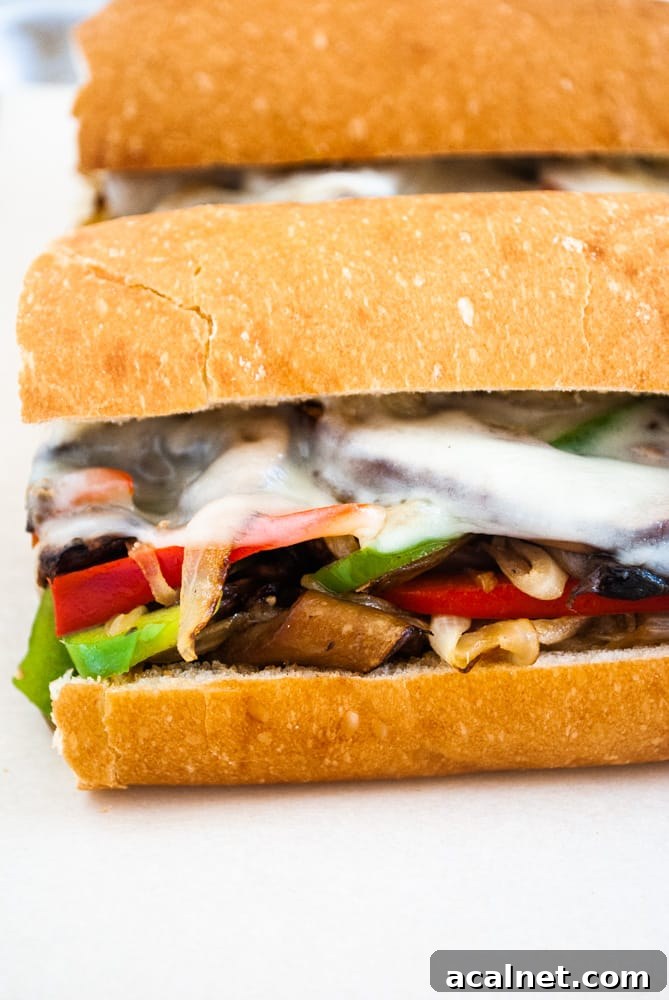 hoagie rolls stuffed with sauteed mushrooms, onions and green peppers topped with sliced provolone cheese